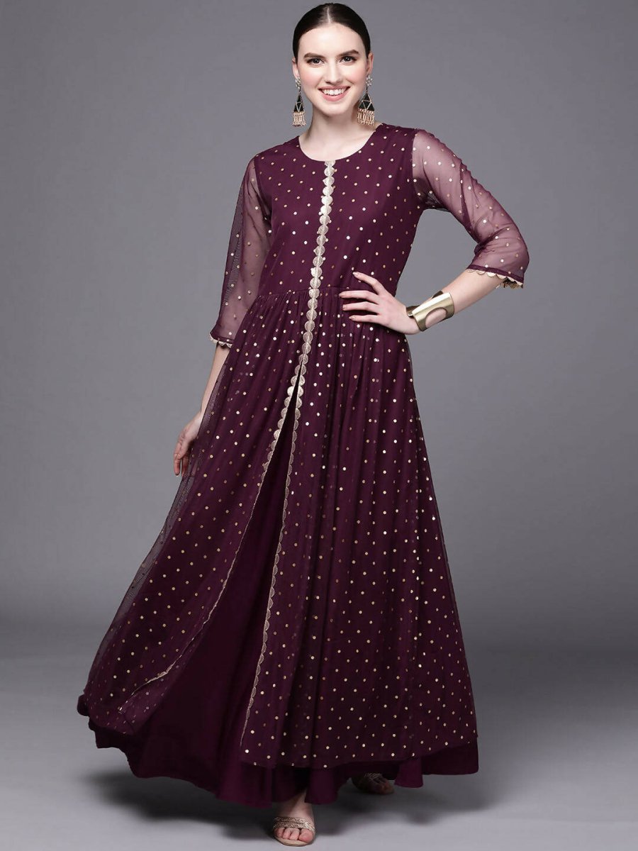 Ahalyaa Women Burgundy Polka Dots Fit & Flare Maxi Ethnic Dress | Grocsy