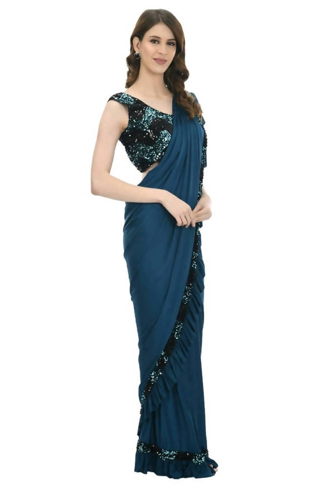 Mominos Fashion All Season Wear Peacock Blue And Black Ruffled Ready To Wear Saree | Grocsy