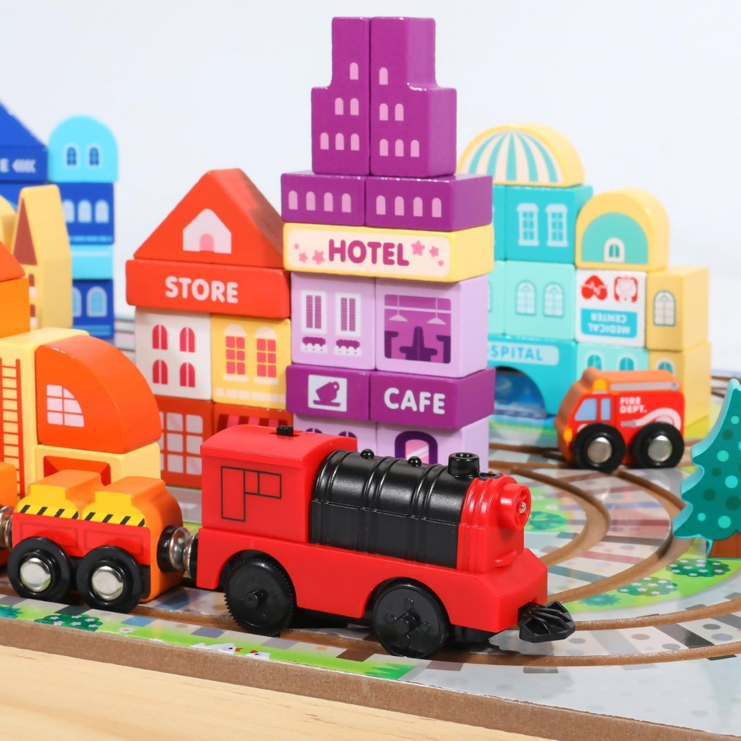 Nesta Toys Wooden Train Set with Building Blocks, Montessori Toys, City Building Toy, Cars & Vehicle Toys for Kids | Grocsy