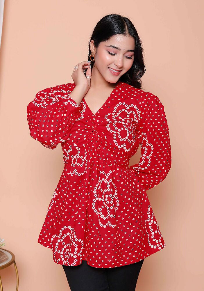 Miravan Womens Red Bandhani Printed Cotton Butterfly Design Top | Grocsy