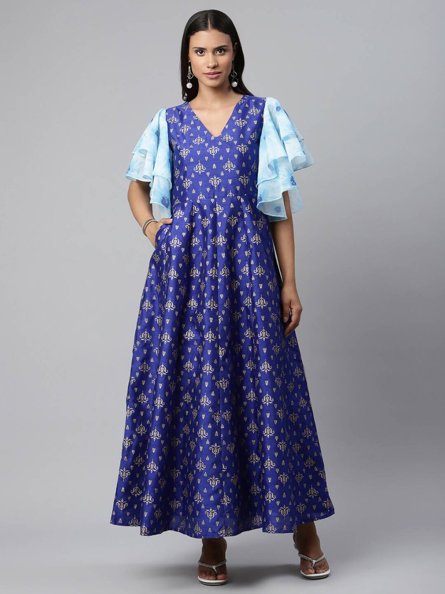 Ahalyaa Women Royal Blue Poly Silk Gold Paste Printed Dress | Grocsy