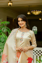 The52 Chiku Women's Beautiful Thread Work Viscose Assam Silk Fabric with Straight Kurta, Pant and Dupatta Set | Grocsy