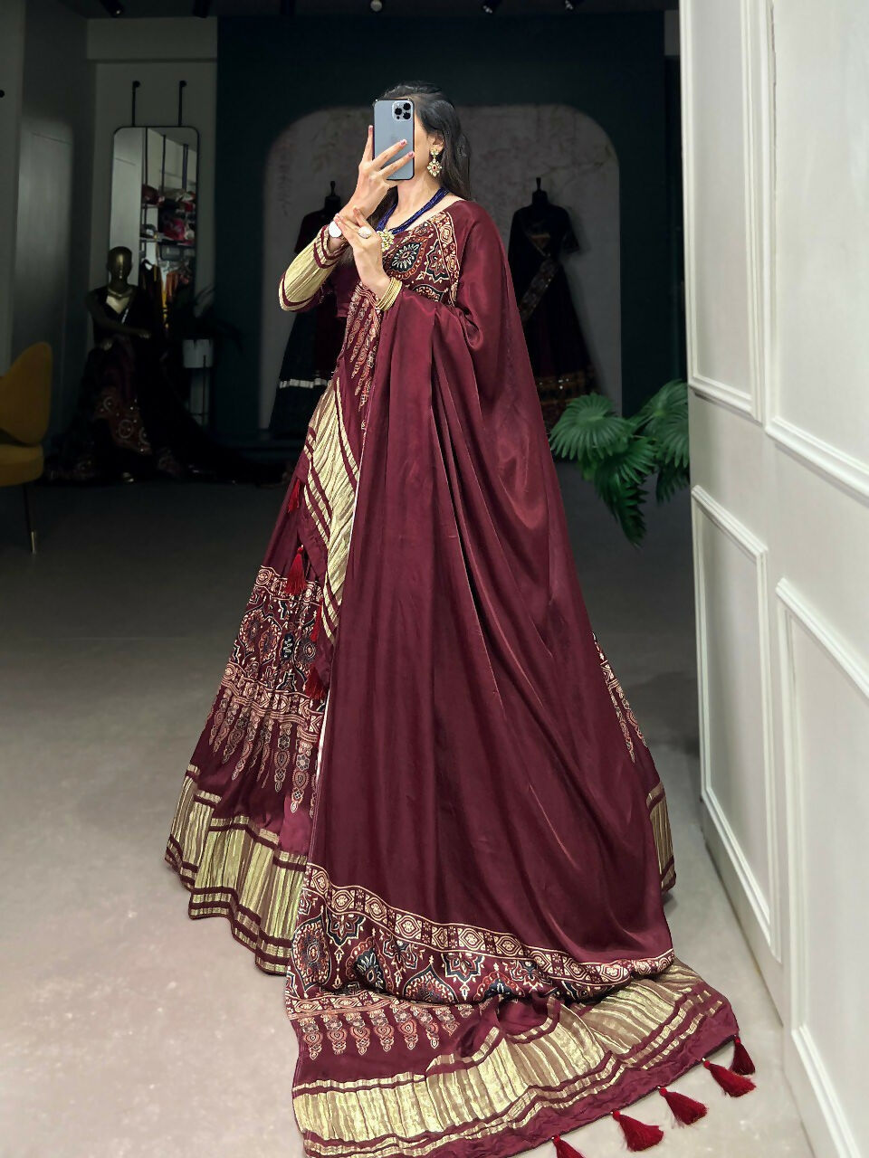 Vastranavya Traditional Every Occasion Gaji Silk Digital Print With Lagadi Patta Lehenga with Unstitched Blouse - Maroon | Grocsy