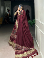 Vastranavya Traditional Every Occasion Gaji Silk Digital Print With Lagadi Patta Lehenga with Unstitched Blouse - Maroon | Grocsy
