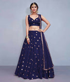 Jyoti Fashion Beautiful Navy Blue Embroidered with Mirror work Art Silk Party Wear Lehenga Choli with Dupatta | Grocsy