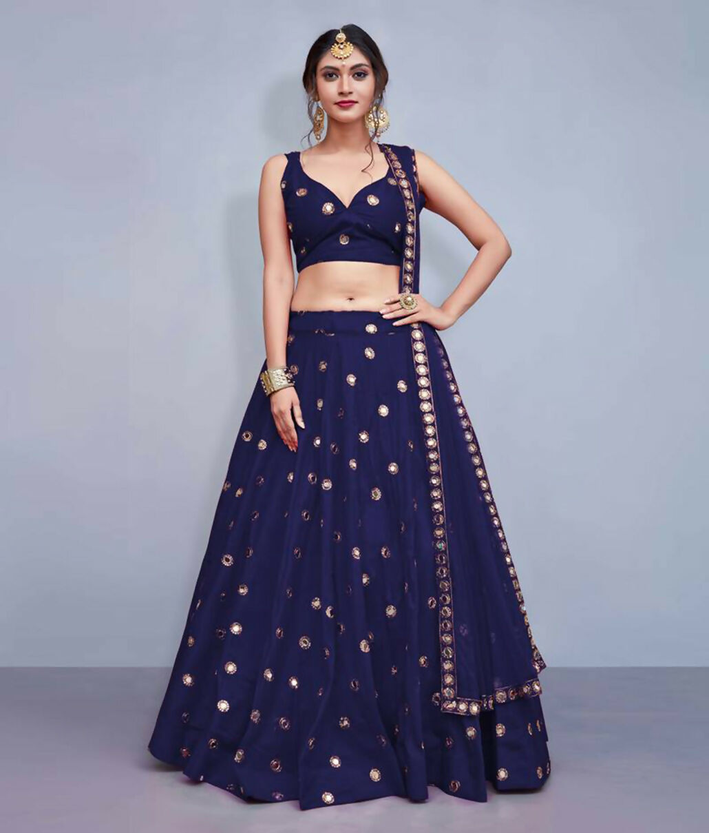 Jyoti Fashion Beautiful Navy Blue Embroidered with Mirror work Art Silk Party Wear Lehenga Choli with Dupatta | Grocsy