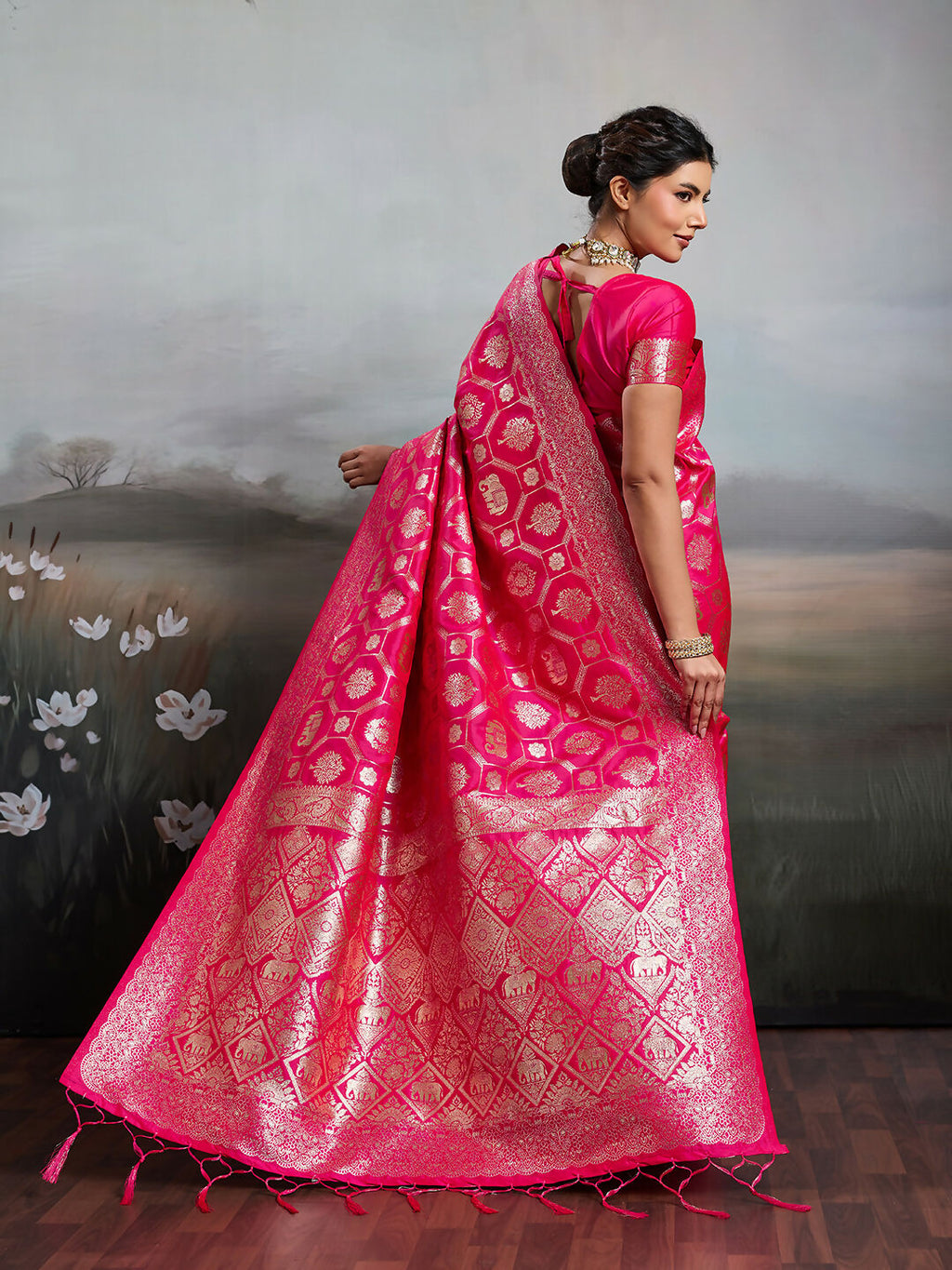 Shree Shyam Fashion Rani Pink Silk Blend Saree | Grocsy