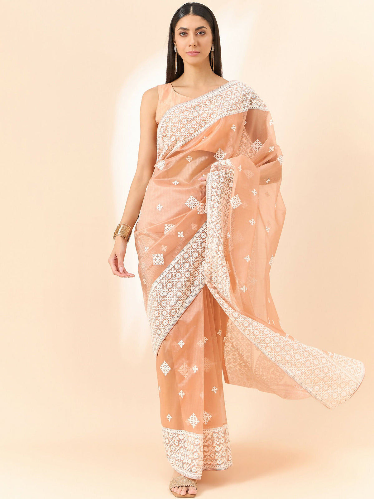 Peach Organza Geometric Embroidered Saree with Unstitched Blouse Piece - Roozal | Grocsy