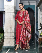 Vaasva Women's Silk Emboidered Solid Pant Set & Digital Printed Dupatta | Grocsy