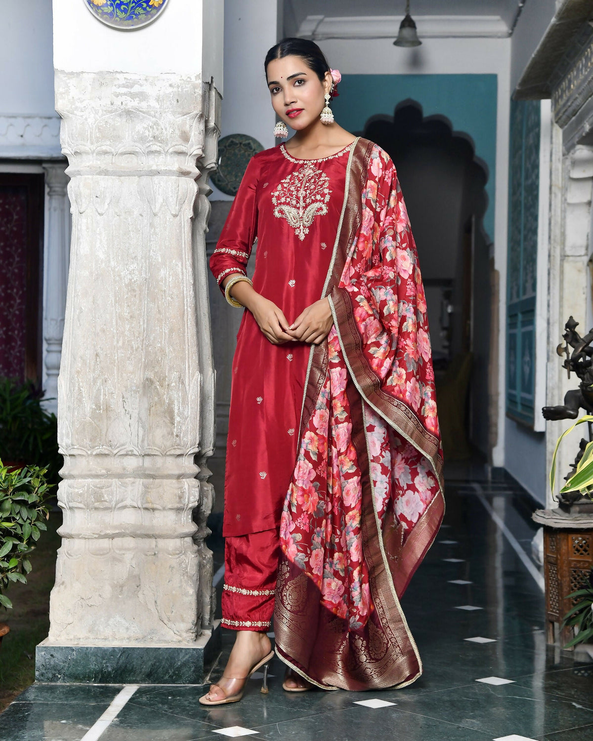 Vaasva Women's Silk Emboidered Solid Pant Set & Digital Printed Dupatta | Grocsy