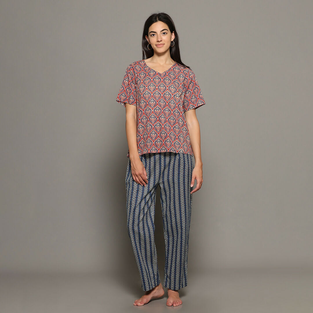 Breathables Women Cotton Printed Loungewear Kurta And Pants Co-Ord Set Pink & Navy I Nightwear | Grocsy