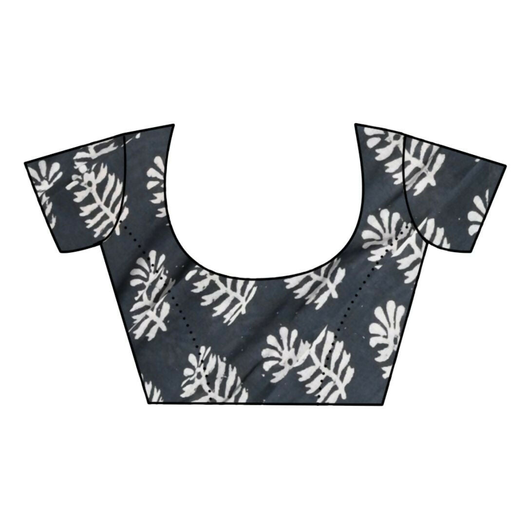 Very Much Indian Handblock Printed Cotton Saree With Natural Dyes - Black White | Grocsy