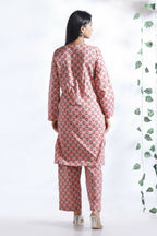 Breathables Women’S Loungewear Long Kurta Co-Ord Set Cotton Pink Indian Motif Butta Print | Grocsy