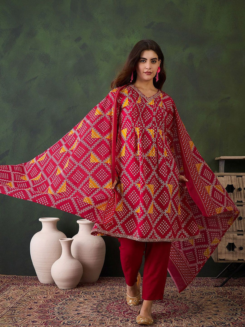 Sangria Printed V- Neck Kurta, Trouser & Dupatta Set | Grocsy