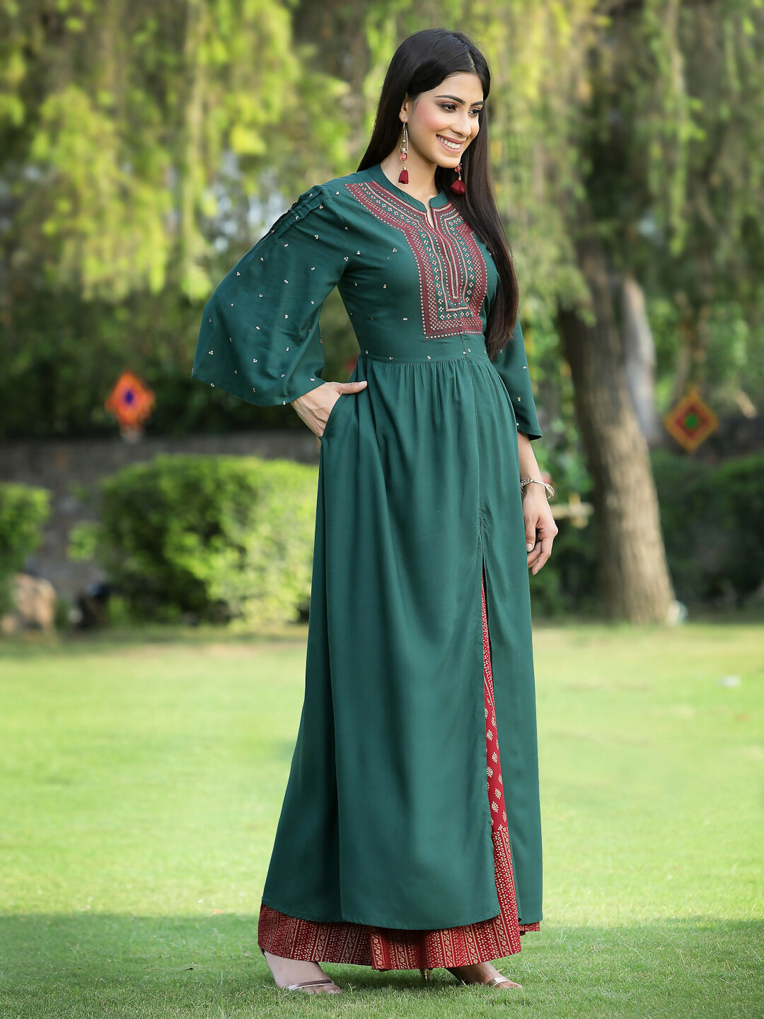 Juniper Jade Green Ethnic Motif Printed Rayon High-Slit Kurta & Palazzo Set With Thread Work Embroidery | Grocsy