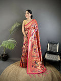 Joban Fashion Reddish Pink Peacocks Flowers & Leaves Soft Silk Paithani Saree | Grocsy