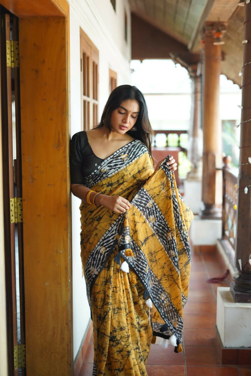 Arfa Fashion House Mustered Combination Pure Chanderi Cotton Batik Printed Saree | Grocsy