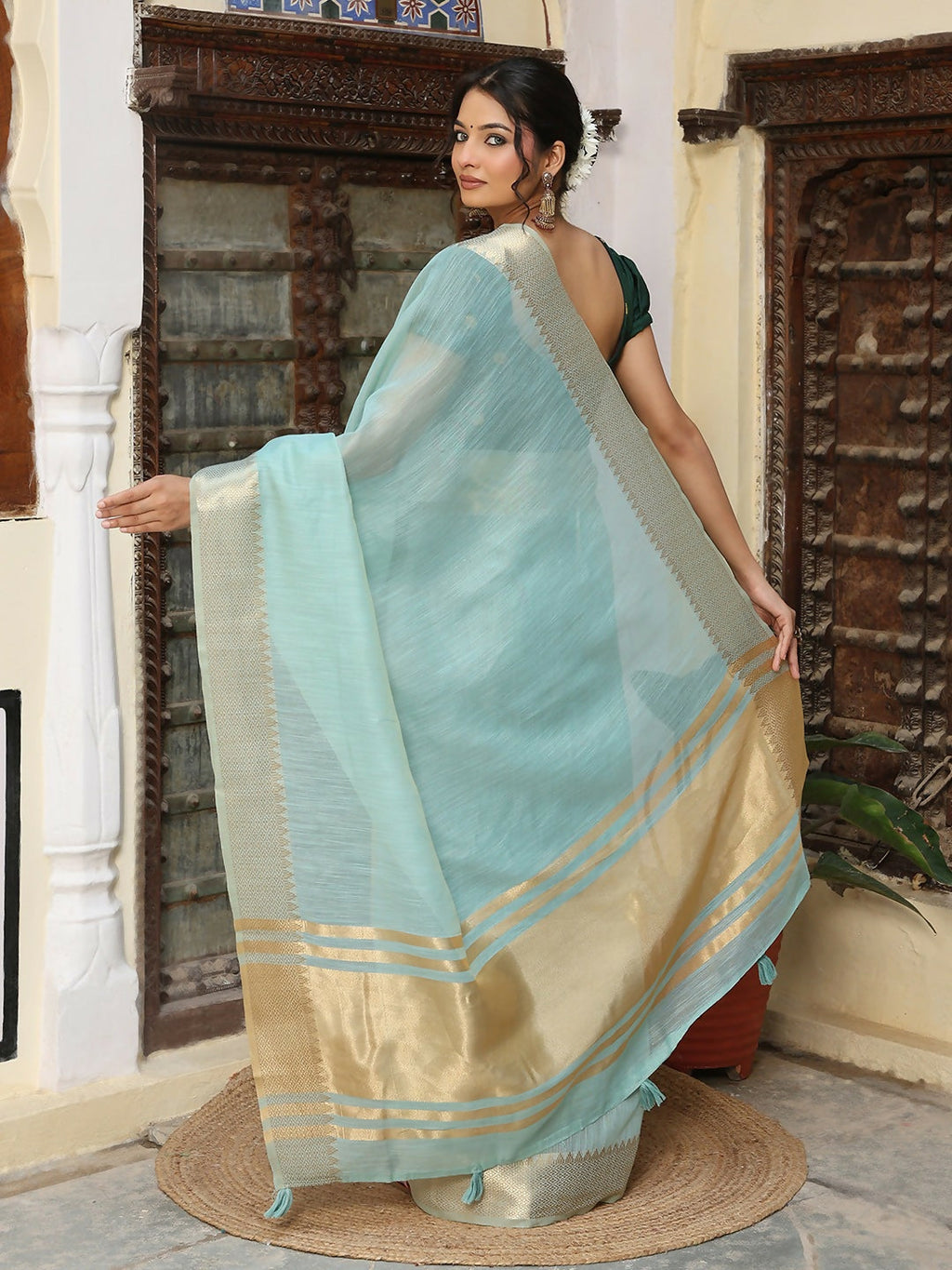 Shree Shyam Fashion Sky Blue Cotton Saree | Grocsy