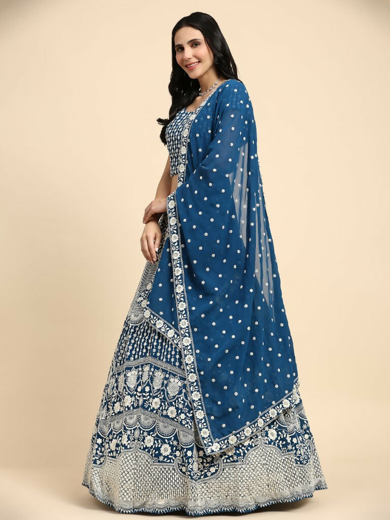 Teal Georgette Thread Embroidered Lehenga Choli with Dupatta - Tanya | Grocsy