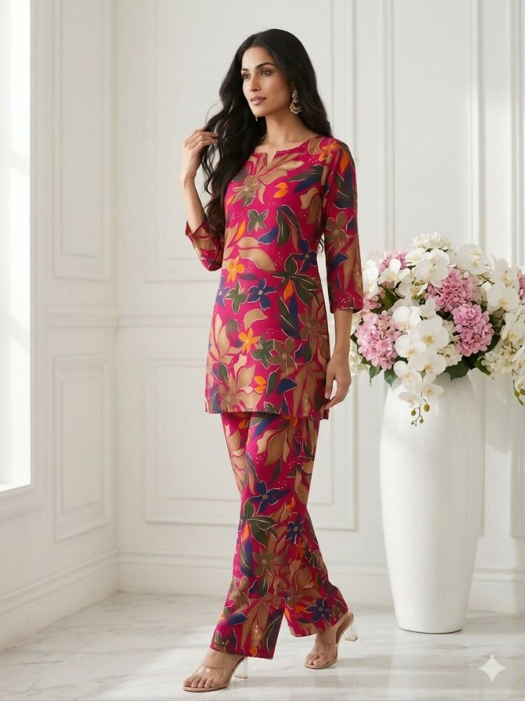 Teeya Creation Women New Latest Red Floral Printed Crepe Kurta with Palazzos Set | Grocsy