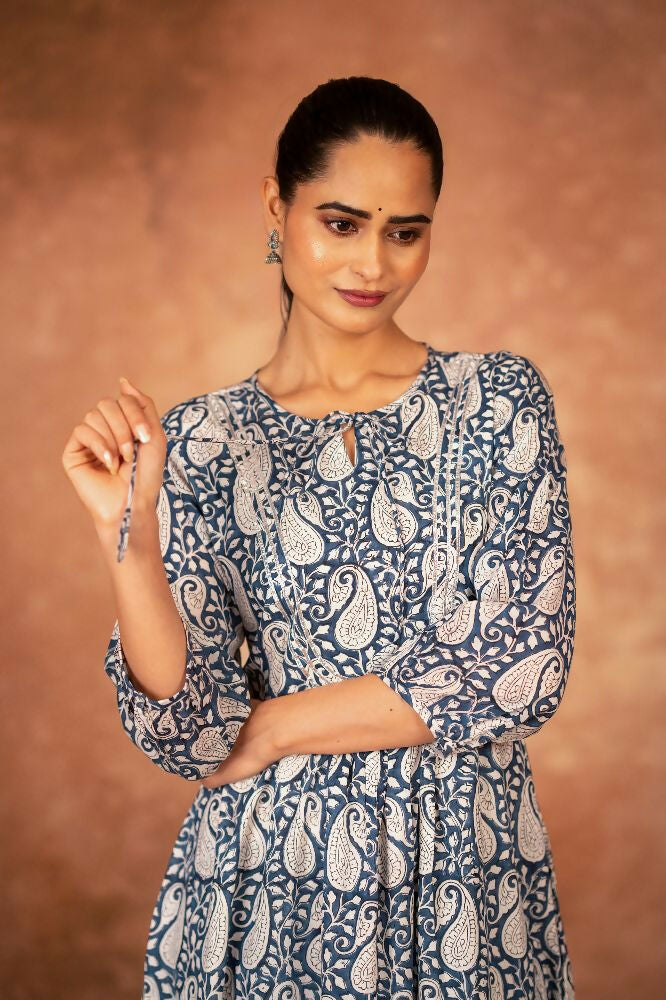 Joban Fashion Blue Floral Hand Block Printed Cotton Kurta Pant Set | Grocsy