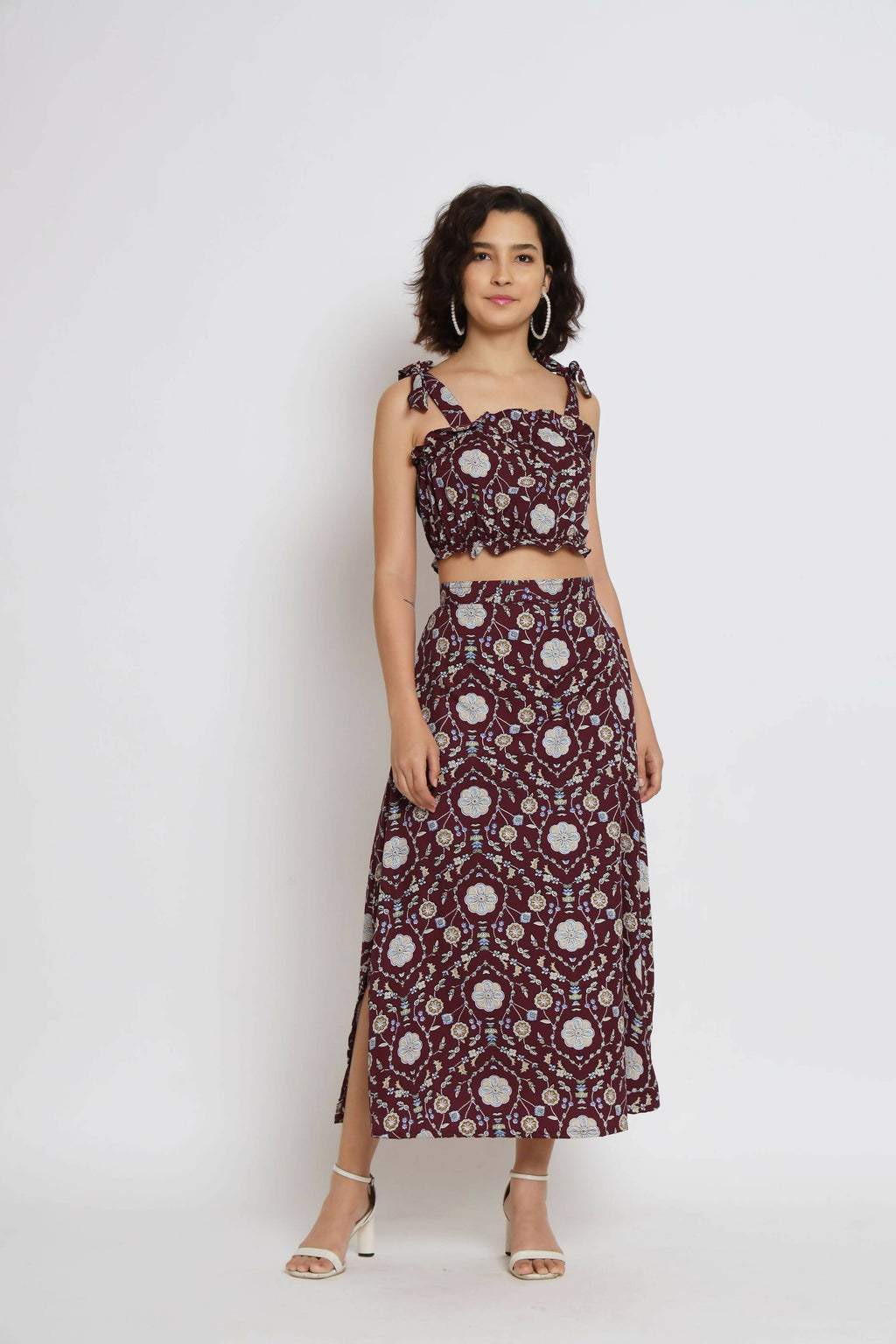 Wine Crepe Floral Printed Top with Matching Skirt - Shivani | Grocsy