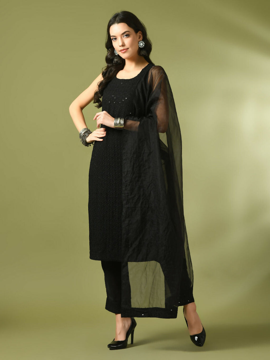 Myshka Women's Black Embroidered Cotton Straight Party Kurta Set With Dupatta | Grocsy