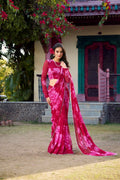 Vastranavya Pink Chiffon Floral Printed & Pearl Lace Border Saree with Unstitched Blouse | Grocsy