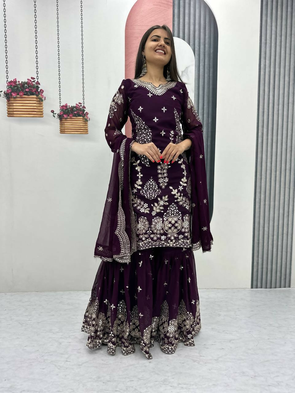 Teeya Creation Womens New Heavy Fox Georgette Fabric With Heavy Embroidery Work Wine Kurta Set | Grocsy