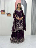 Teeya Creation Womens New Heavy Fox Georgette Fabric With Heavy Embroidery Work Wine Kurta Set | Grocsy