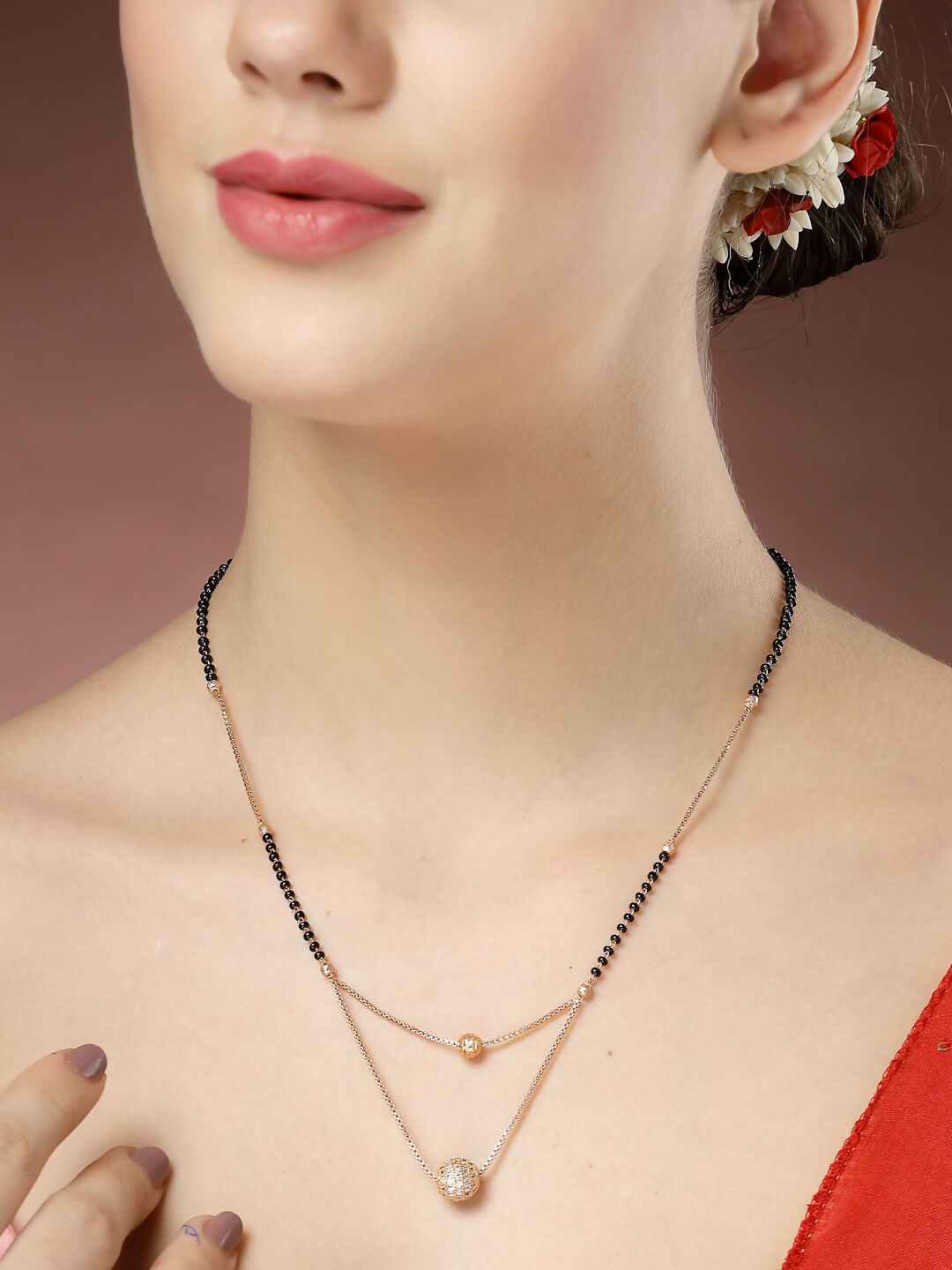 NVR Women's Rose Gold CZ Stone-Studded & Beaded Layered Mangalsutra | Grocsy