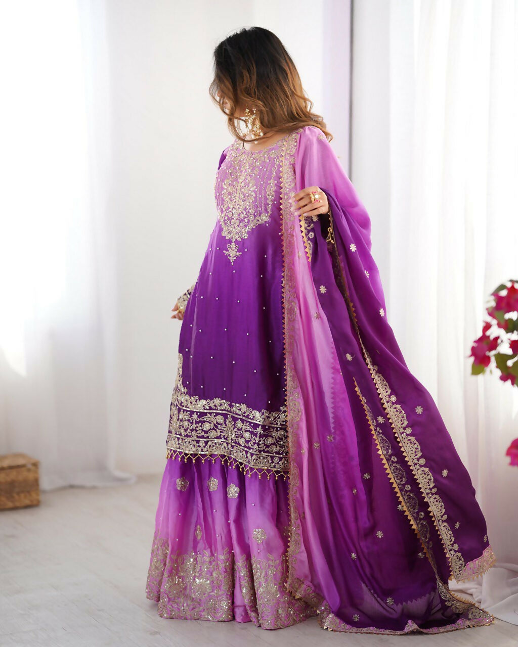 The52 Women's Beautiful Chinon silk Fabric Embroidery Work Straight Kurta Palazzo and Dupatta Set | Grocsy