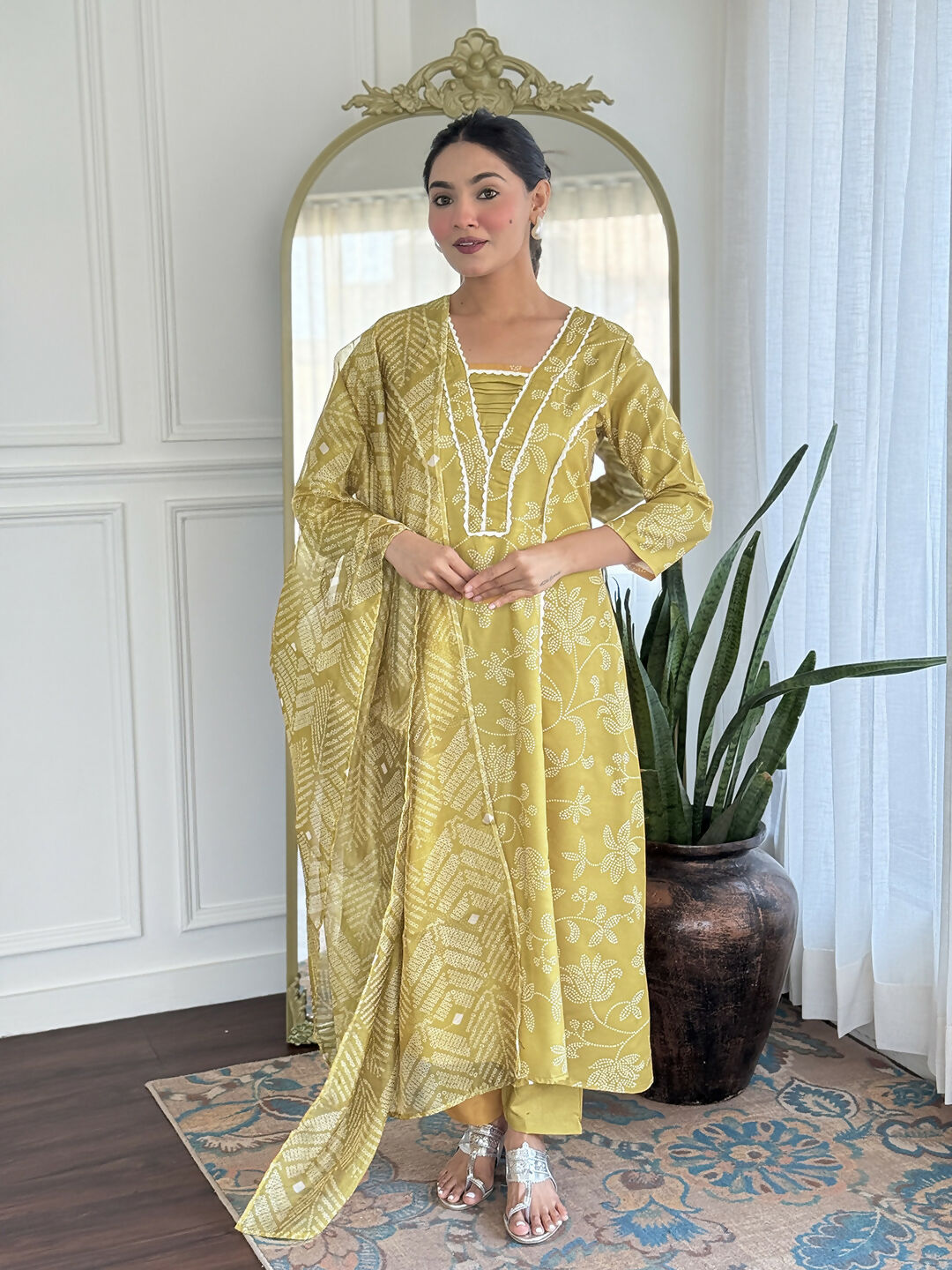 The52 Women's Beautiful Rayon Fabric Printed Work A-Line Kurta Pant and Dupatta Set | Grocsy