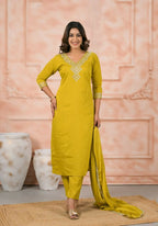 Ethnic Festive Wear Chanderi Yellow Stitched Suit With Dupatta - Anbazaar | Grocsy