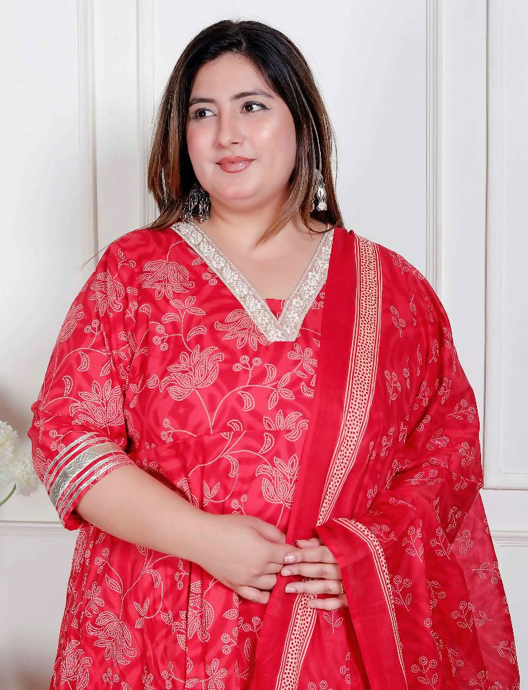 Miravan Plus Size Women'S Red Embroidered Anarkali Kurta And Dupatta  | Grocsy