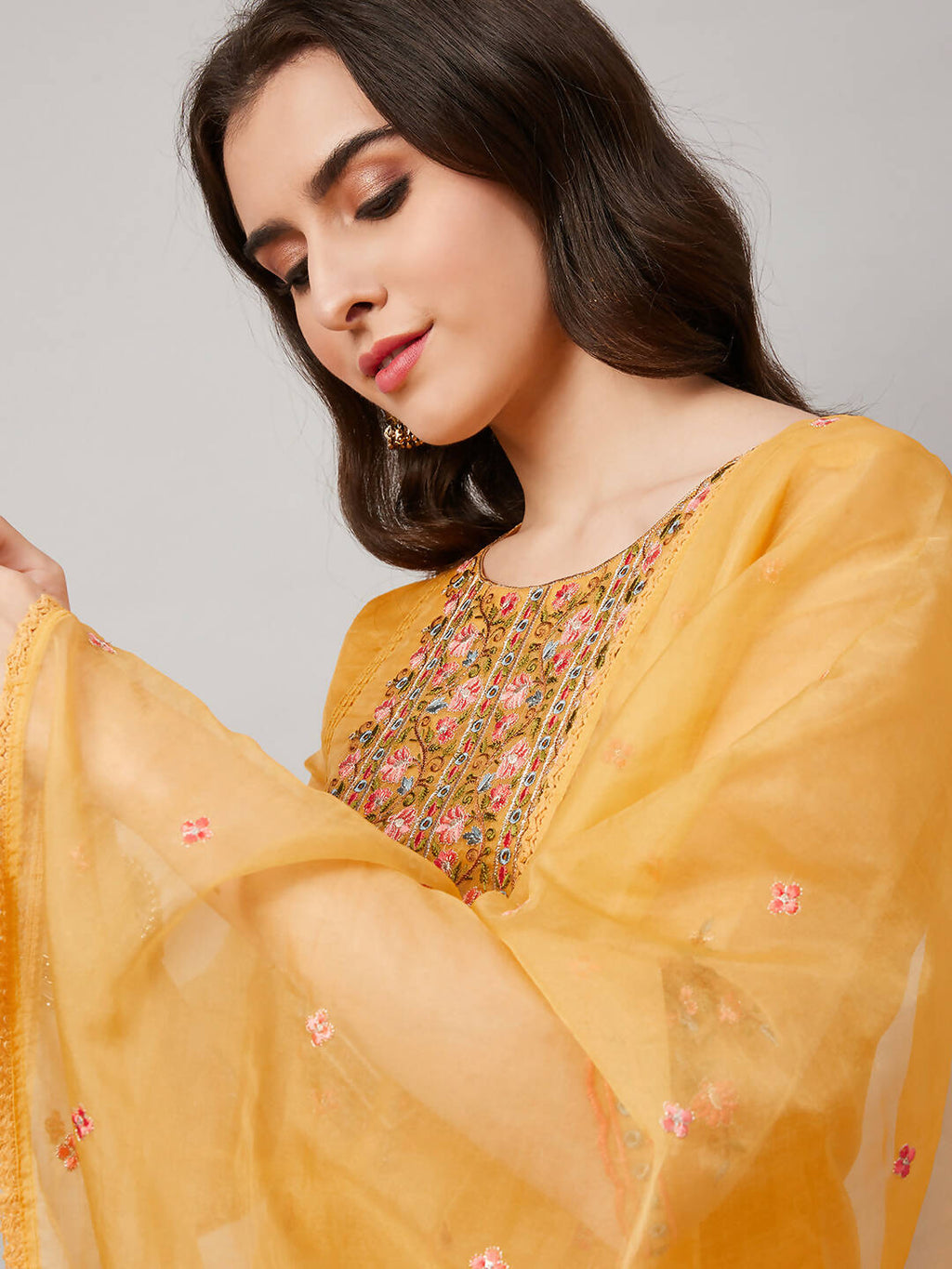 Yellow Organza Embroidered Kurta with Bottom & Dupatta - Salimar | Grocsy