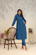 Jyoti Fashion Women's Blue Rinkal Cotton Plain with Side Pocket Kurtis & Sets | Grocsy
