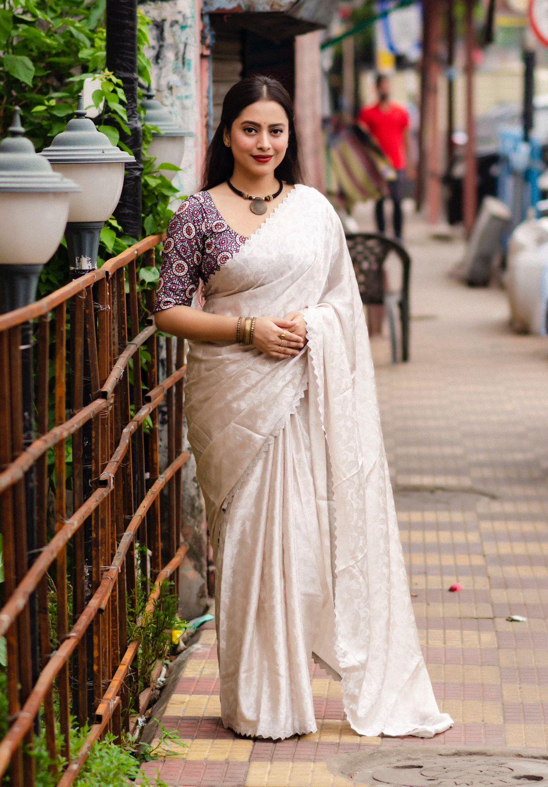 Grey Poly Silk Ethnic Motifs Saree with Unstitched Blouse - A2M | Grocsy