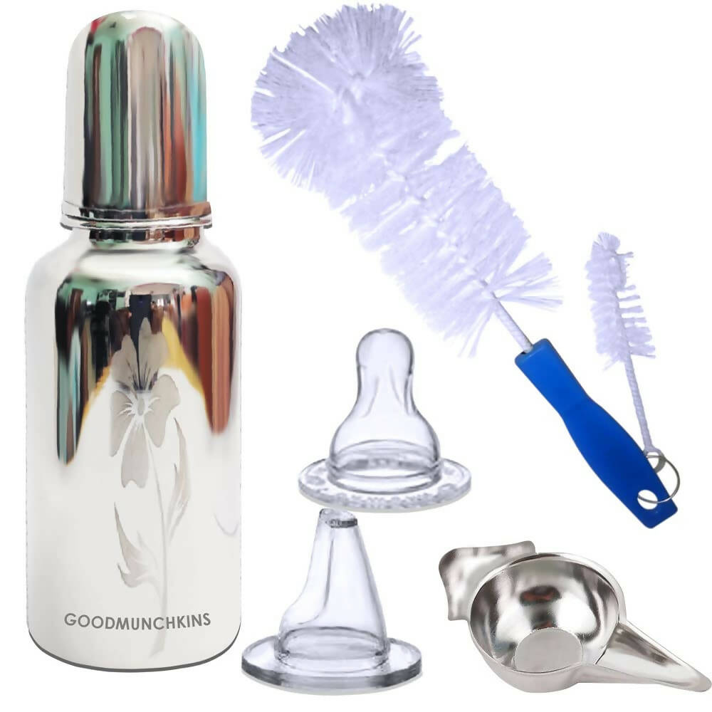 Goodmunchkins Stainless Steel Feeding Bottle with Bottle Cleaning Brush/Chakku/Anti Colic Silicone Nipple Combo-(220ml,Blue) | Grocsy