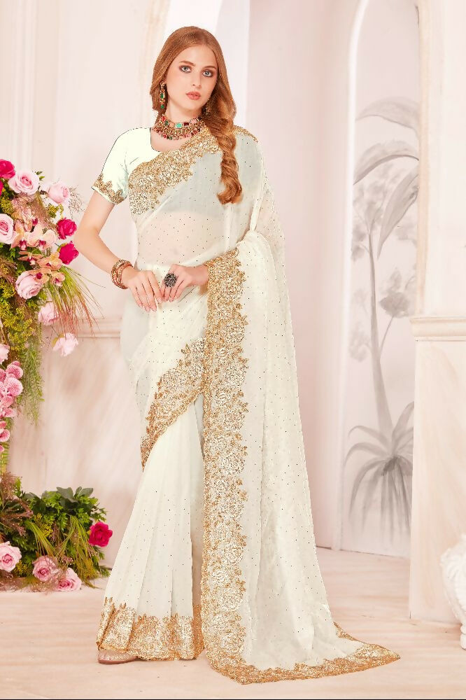 PR Fashion White Fendi Two Tone Silk Heavy Zari & Resham Embroidery Work With Heavy Zircon Work Saree | Grocsy