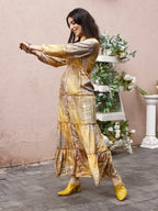 Mustard Crepe Foil Printed Long Dress - Michan | Grocsy