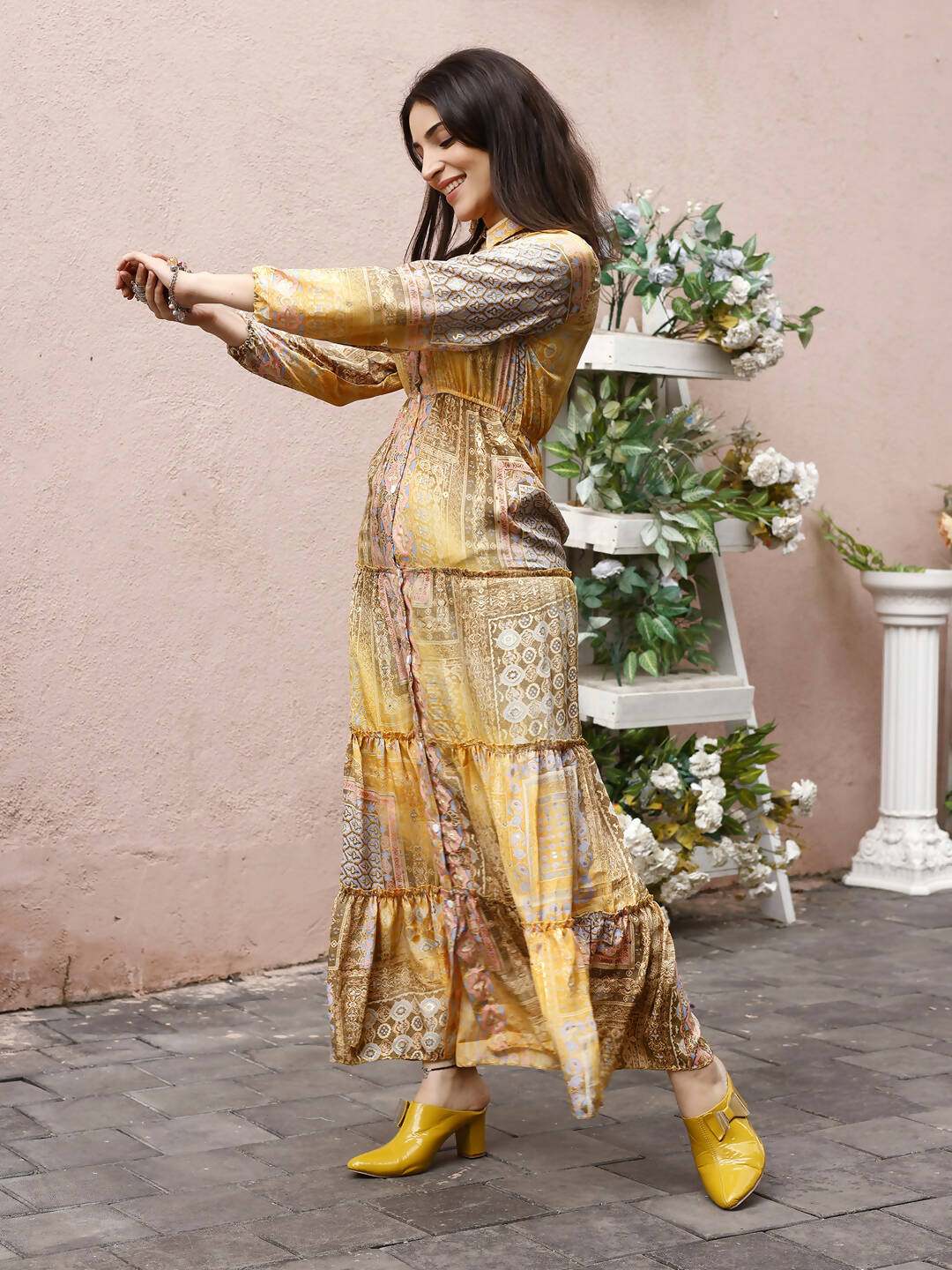 Mustard Crepe Foil Printed Long Dress - Michan | Grocsy