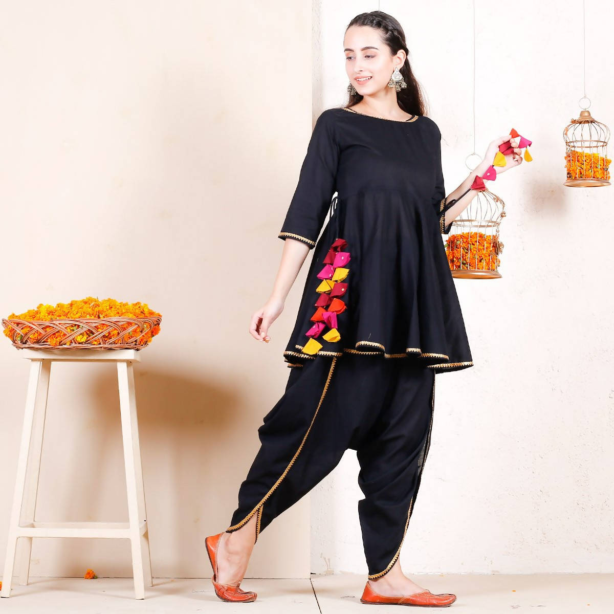 Cheera Black Dhoti Peplum Top Set With Multicolour Tassels (CH125KD) | Grocsy