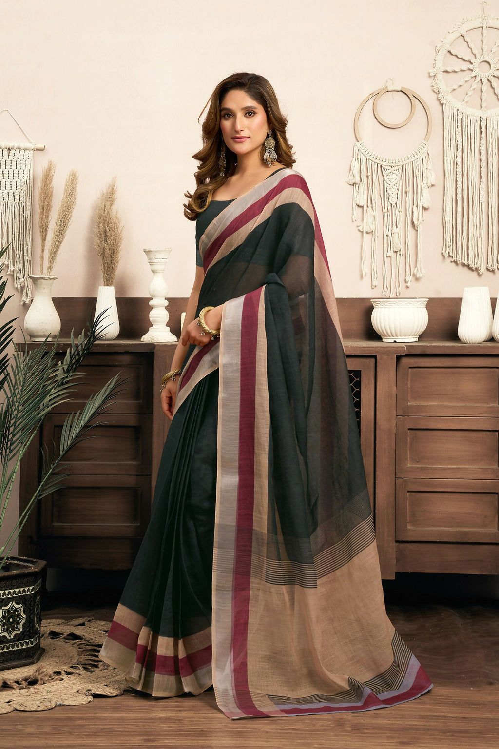 Joban Fashion  Black Solid Linen Ready To Wear Saree With Unstitched Blouse | Grocsy