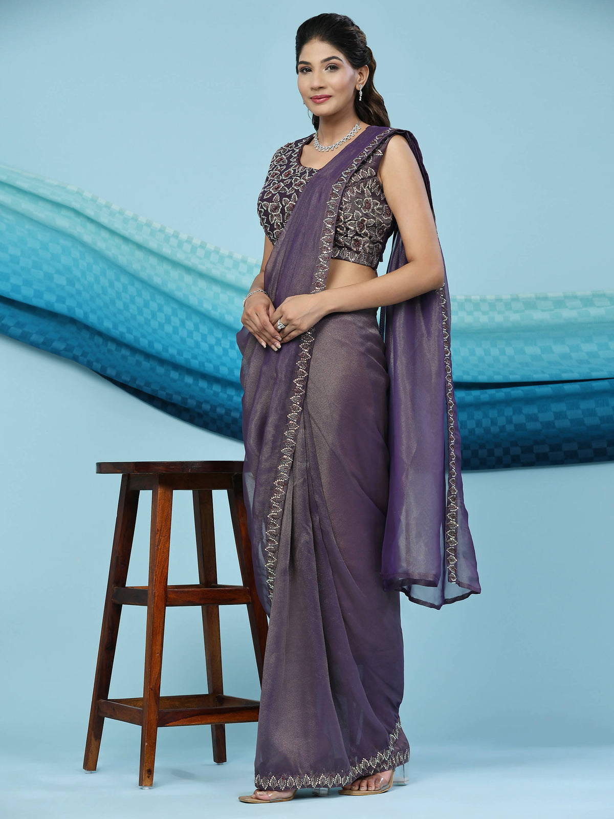 Purple Lycra Shimmer Pattern Ready to Wear Saree with stitched Blouse - Nirvana | Grocsy
