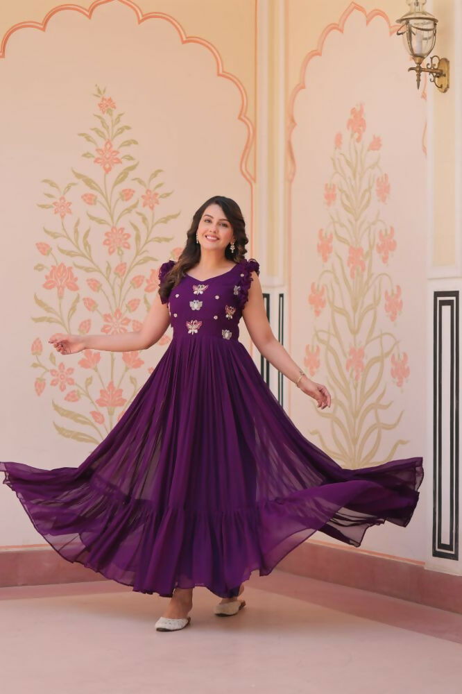 Vastranavya Purple Faux Blooming With Sequins Multithreaded Beads Embroidered work Gown | Grocsy