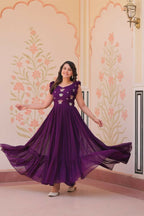 Vastranavya Purple Faux Blooming With Sequins Multithreaded Beads Embroidered work Gown | Grocsy
