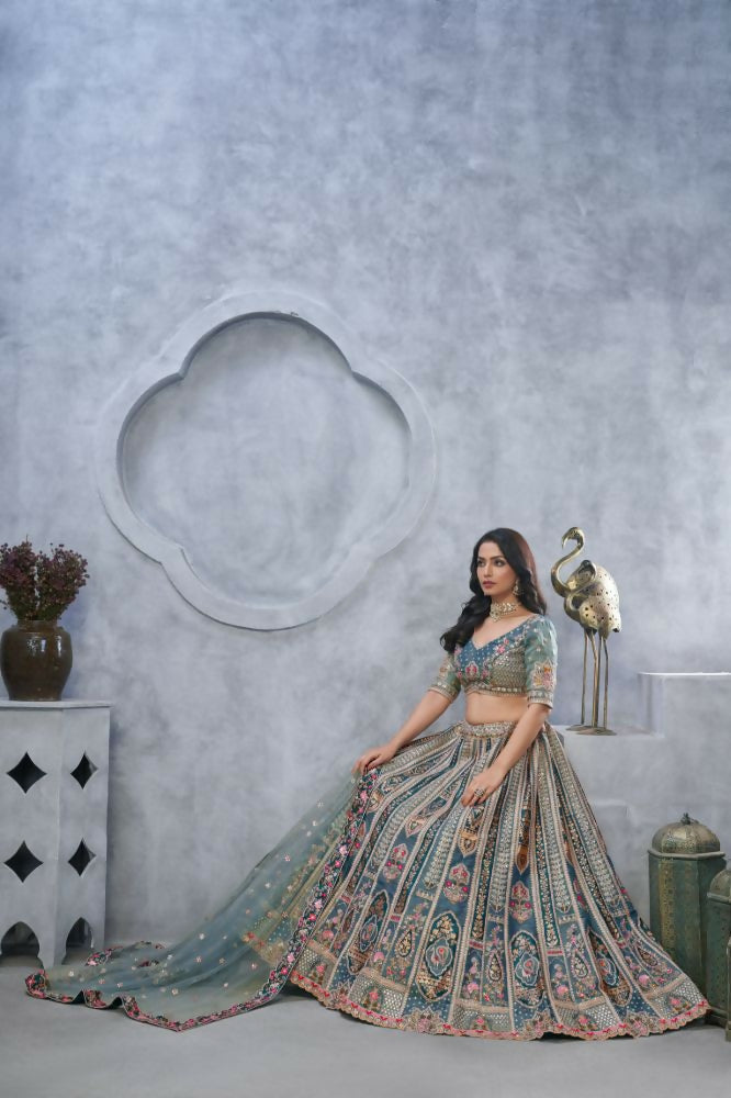 Kesar Fab Grey Organza Hand_Woven Lehenga | Grocsy