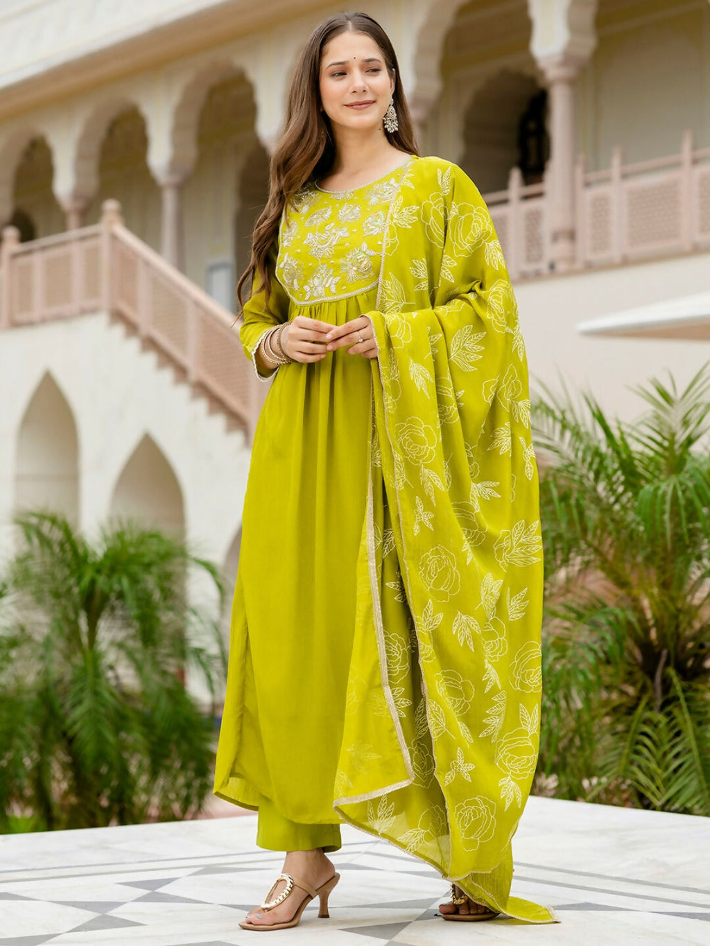 The52 Liril Women's Beautiful Embroidered work Chinon Fabric with Flared Kurta, Pant and Dupatta Set | Grocsy