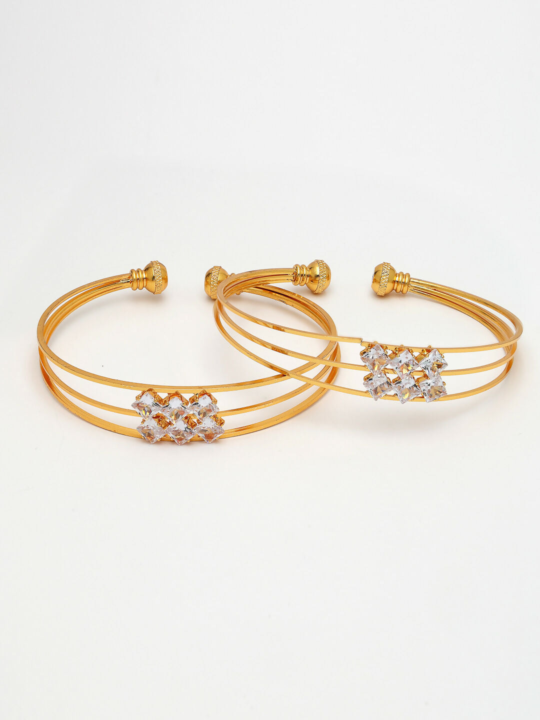 NVR Women's Set of 2 Gold-Polished CZ Stone-Studded Adjustable Bangles